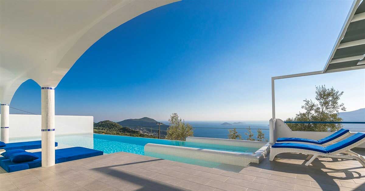 Deniz Manzaralı, Özel Havuzlu, Yunan Mimarili Villa, Kalkan